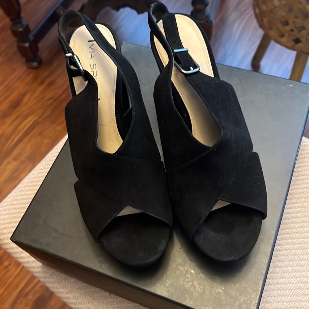 Black suede chunky heeled platform strappy sandals